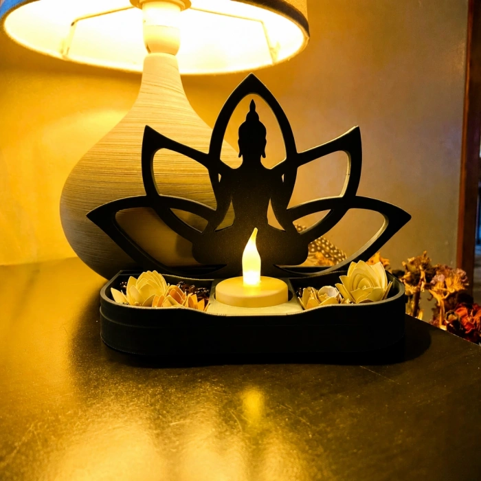 3D Baskı Lotus Buda Mumluk - Dekoratif Tealight Mumluk-Siyah