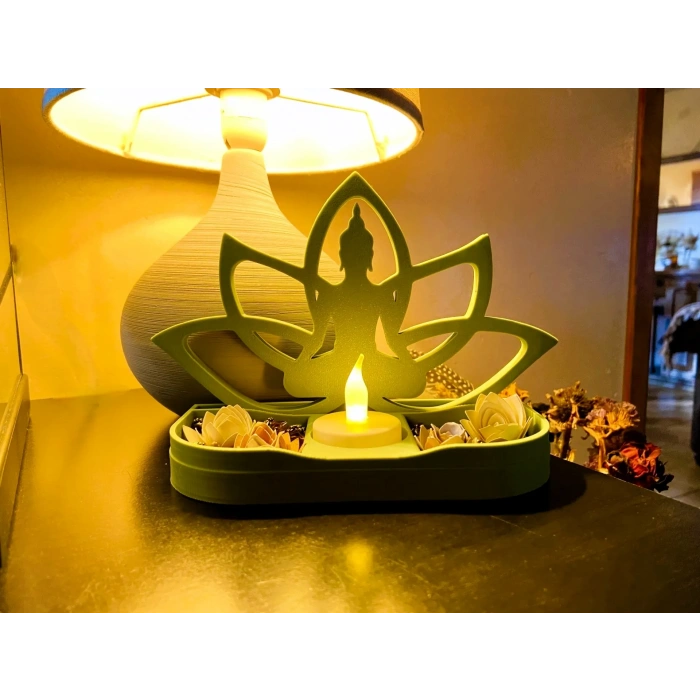 3D Baskı Lotus Buda Mumluk - Dekoratif Tealight Mumluk-Yeşil