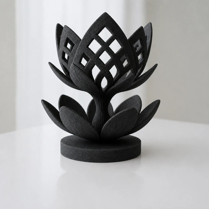 3D Baskı Lotus Çiçeği Mumluk - Dekoratif Tealight Mumluk-Siyah
