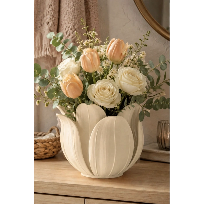 3D Baskı Lotus Yapraklı Vazo - Dekoratif Çiçeklik-Bej