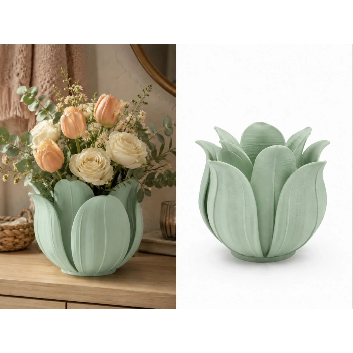 3D Baskı Lotus Yapraklı Vazo - Dekoratif Çiçeklik-Mint