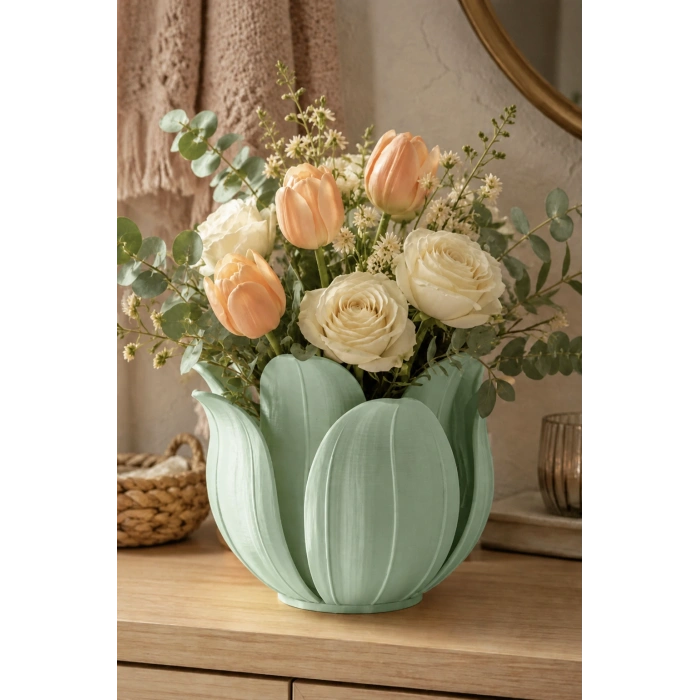 3D Baskı Lotus Yapraklı Vazo - Dekoratif Çiçeklik-Mint