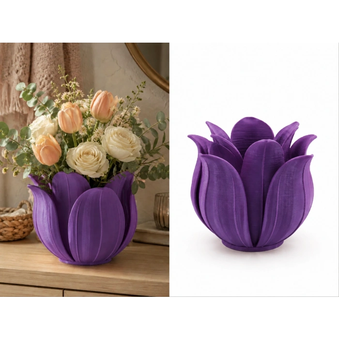 3D Baskı Lotus Yapraklı Vazo - Dekoratif Çiçeklik-Mor