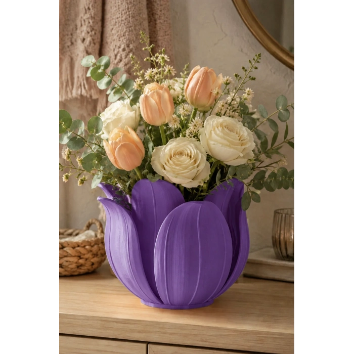 3D Baskı Lotus Yapraklı Vazo - Dekoratif Çiçeklik-Mor