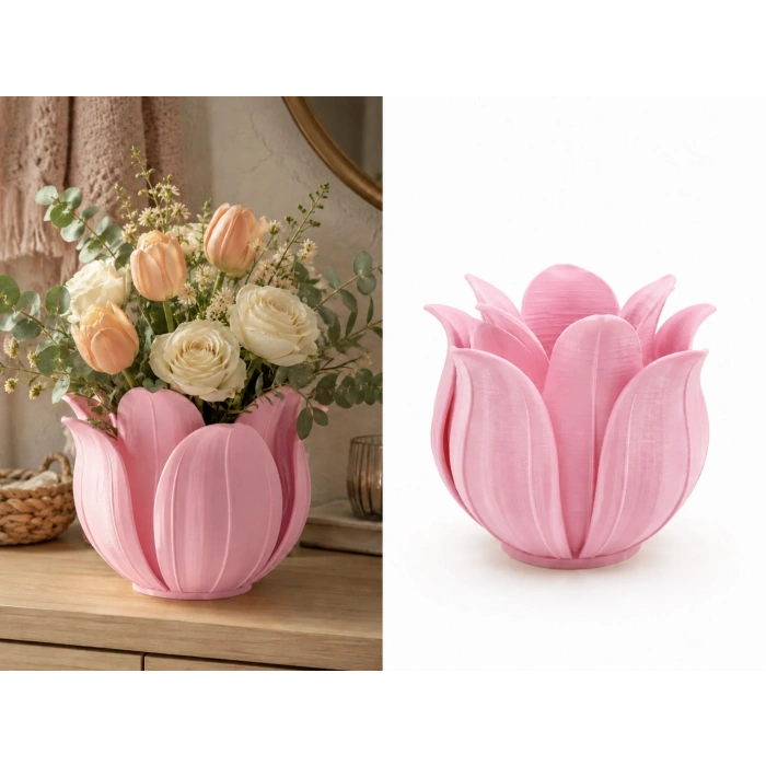 3D Baskı Lotus Yapraklı Vazo - Dekoratif Çiçeklik-Pembe