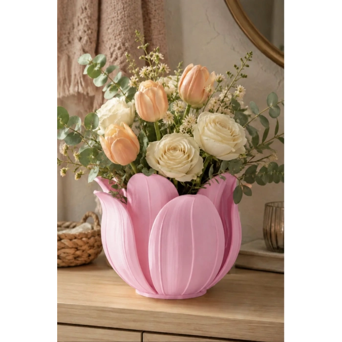 3D Baskı Lotus Yapraklı Vazo - Dekoratif Çiçeklik-Pembe