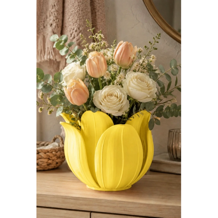 3D Baskı Lotus Yapraklı Vazo - Dekoratif Çiçeklik-Sarı