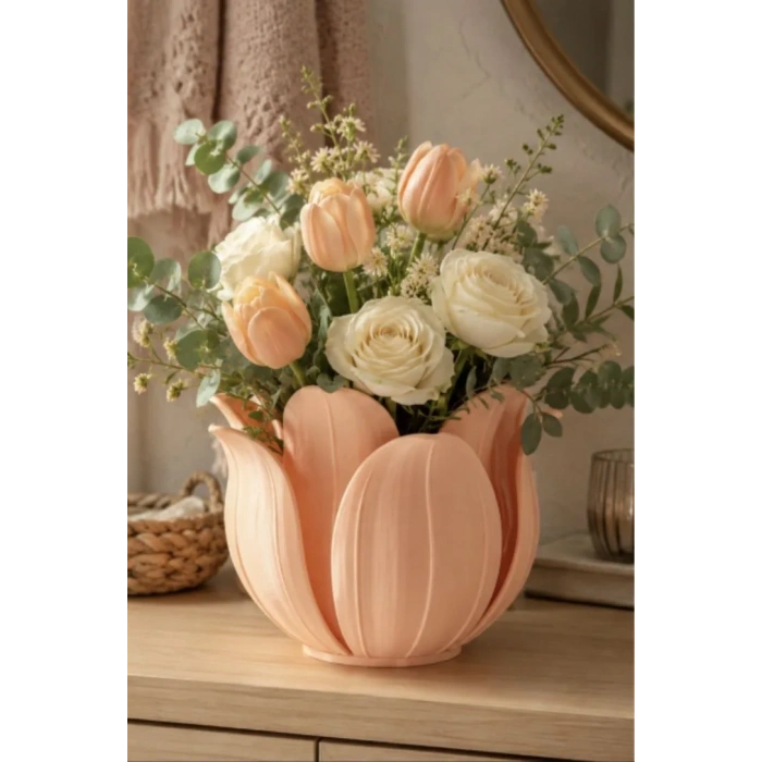 3D Baskı Lotus Yapraklı Vazo - Dekoratif Çiçeklik-Turuncu