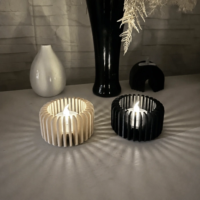 3D Baskı Modern Çizgili Mumluk - Tealight Mumluk (1 Adet)-Bej