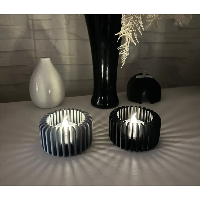 3D Baskı Modern Çizgili Mumluk - Tealight Mumluk (1 Adet)-Gri