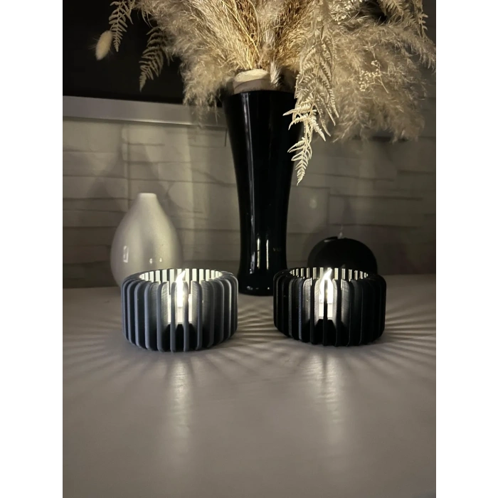 3D Baskı Modern Çizgili Mumluk - Tealight Mumluk (1 Adet)-Gri