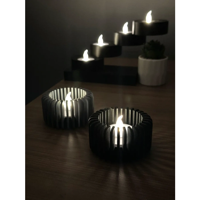 3D Baskı Modern Çizgili Mumluk - Tealight Mumluk (1 Adet)-Gri