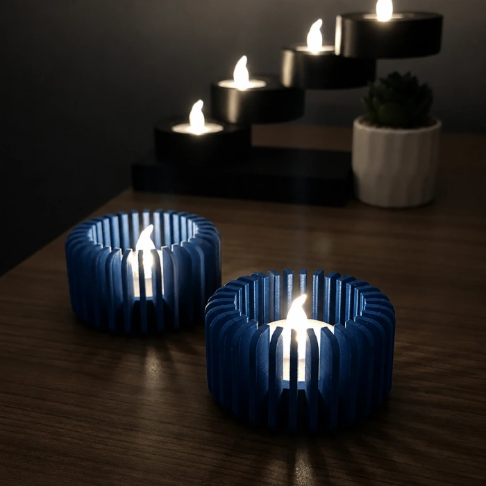 3D Baskı Modern Çizgili Mumluk - Tealight Mumluk (1 Adet)-Mavi