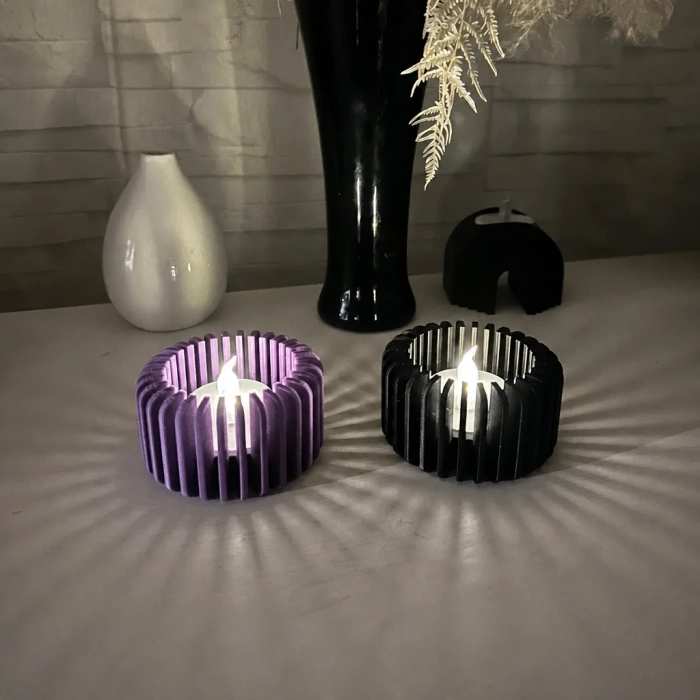 3D Baskı Modern Çizgili Mumluk - Tealight Mumluk (1 Adet)-Mor