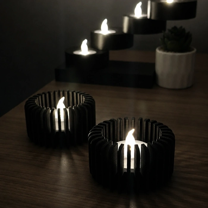3D Baskı Modern Çizgili Mumluk - Tealight Mumluk (1 Adet)-Siyah