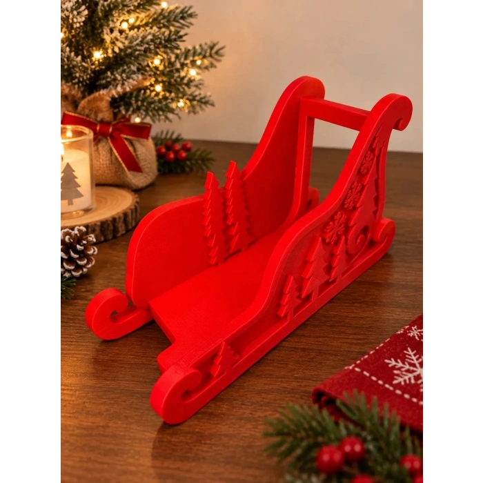 3D Baskı Noel Kızağı Formlu Yılbaşı Peçetelik Dekoratif Yeni Yıl Sofra Peçete Tutucu Kırmızı