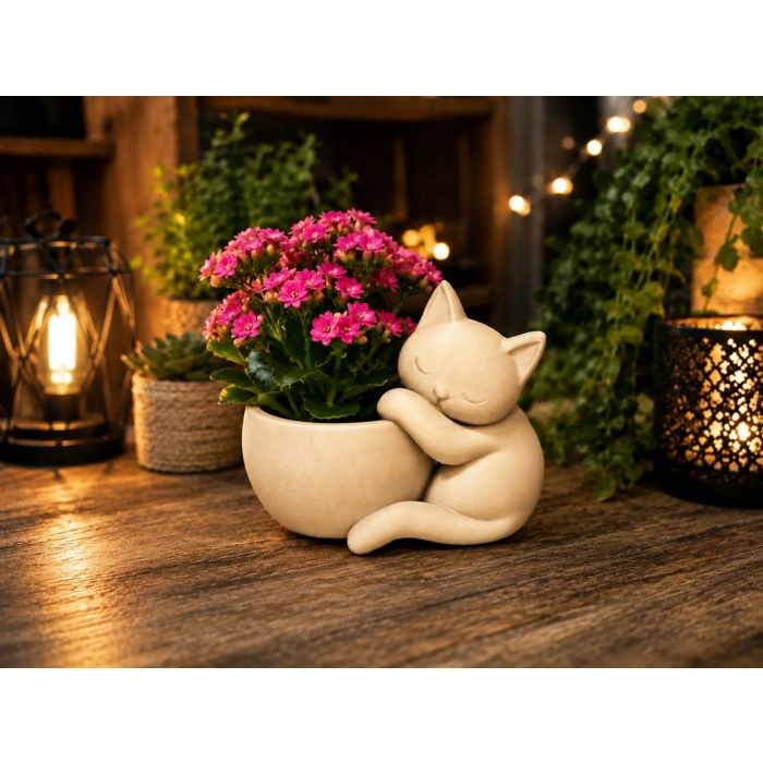 3D Baskı Sarılan Kedi Saksı - Sevimli Dekoratif Saksı - Bej