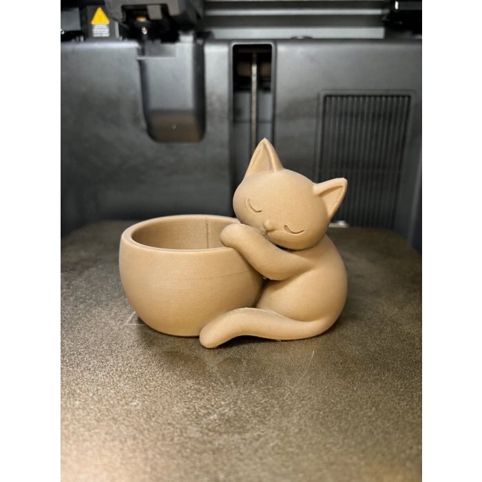 3D Baskı Sarılan Kedi Saksı - Sevimli Dekoratif Saksı - Bej