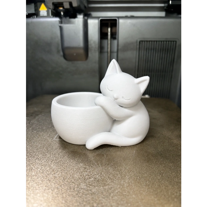3D Baskı Sarılan Kedi Saksı - Sevimli Dekoratif Saksı - Beyaz