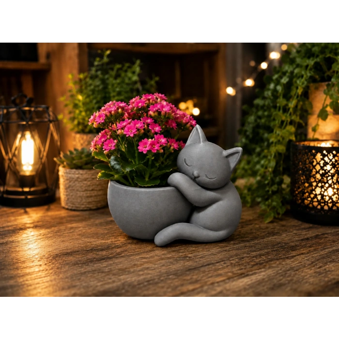 3D Baskı Sarılan Kedi Saksı - Sevimli Dekoratif Saksı - Gri