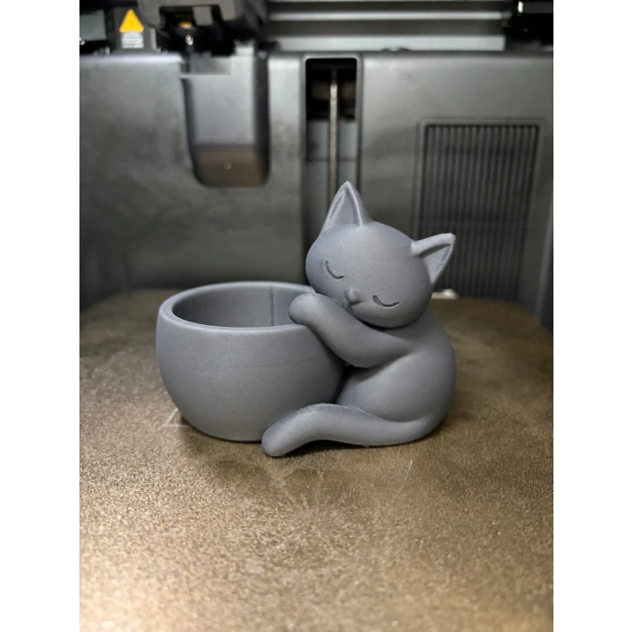3D Baskı Sarılan Kedi Saksı - Sevimli Dekoratif Saksı - Gri