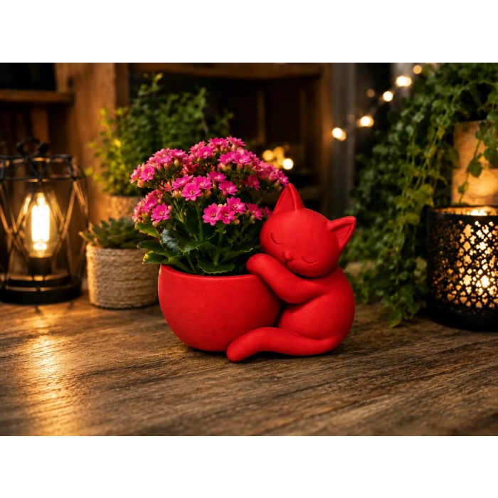 3D Baskı Sarılan Kedi Saksı - Sevimli Dekoratif Saksı - Kırmızı