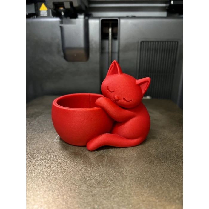 3D Baskı Sarılan Kedi Saksı - Sevimli Dekoratif Saksı - Kırmızı