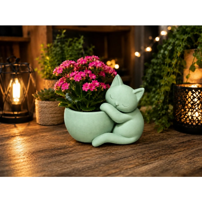 3D Baskı Sarılan Kedi Saksı - Sevimli Dekoratif Saksı - Mint