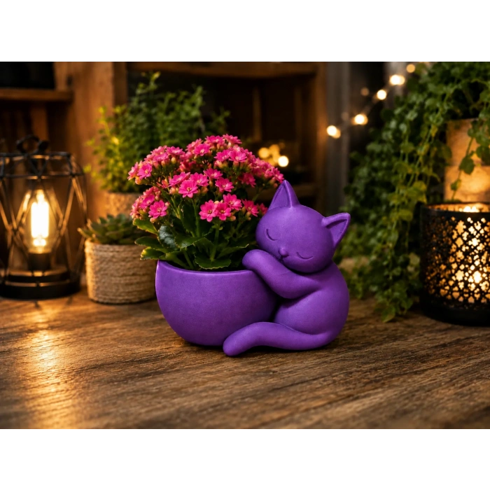 3D Baskı Sarılan Kedi Saksı - Sevimli Dekoratif Saksı - Mor