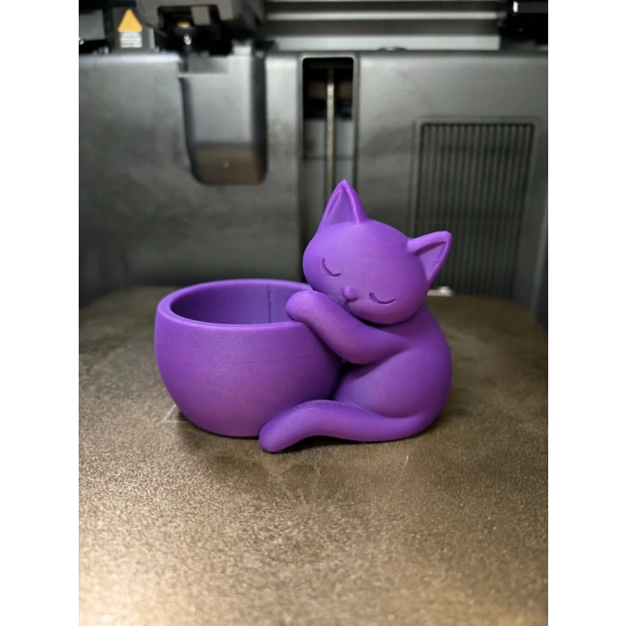3D Baskı Sarılan Kedi Saksı - Sevimli Dekoratif Saksı - Mor