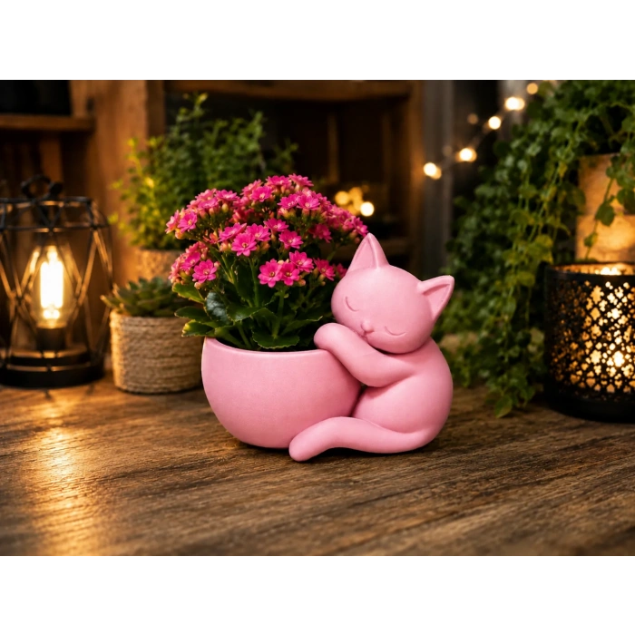 3D Baskı Sarılan Kedi Saksı - Sevimli Dekoratif Saksı - Pembe