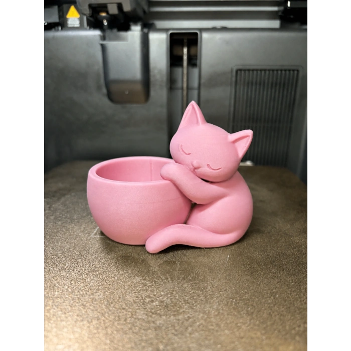 3D Baskı Sarılan Kedi Saksı - Sevimli Dekoratif Saksı - Pembe