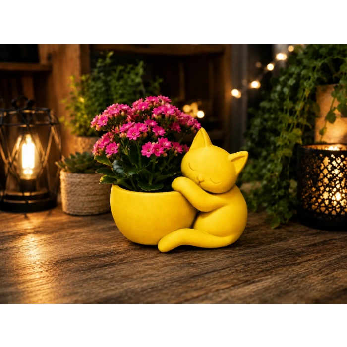 3D Baskı Sarılan Kedi Saksı - Sevimli Dekoratif Saksı - Sarı