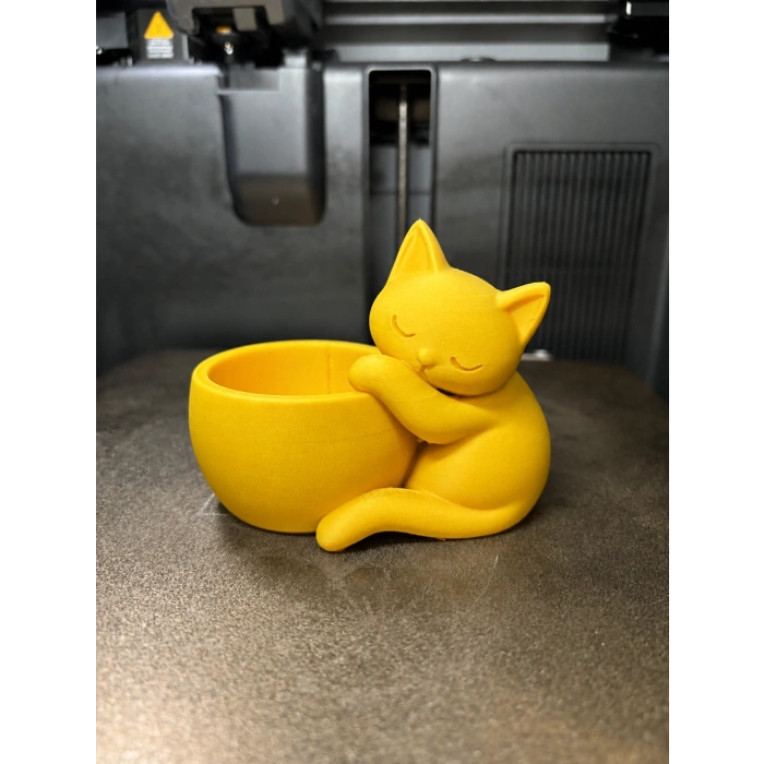 3D Baskı Sarılan Kedi Saksı - Sevimli Dekoratif Saksı - Sarı