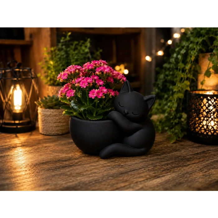 3D Baskı Sarılan Kedi Saksı - Sevimli Dekoratif Saksı - Siyah