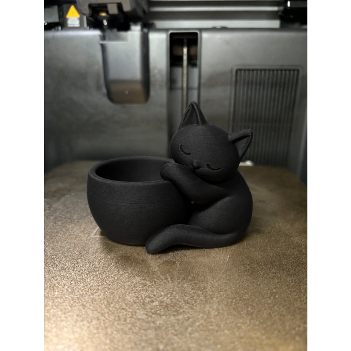3D Baskı Sarılan Kedi Saksı - Sevimli Dekoratif Saksı - Siyah