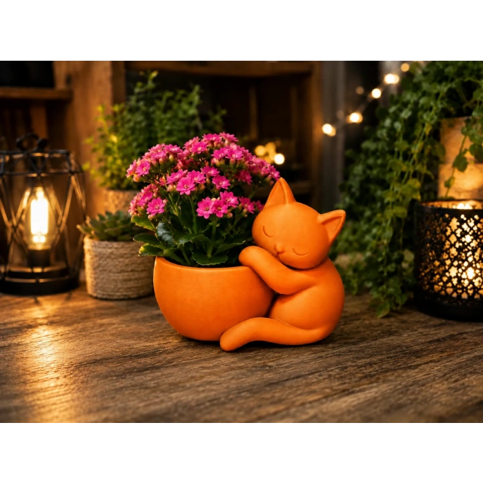 3D Baskı Sarılan Kedi Saksı - Sevimli Dekoratif Saksı - Turuncu