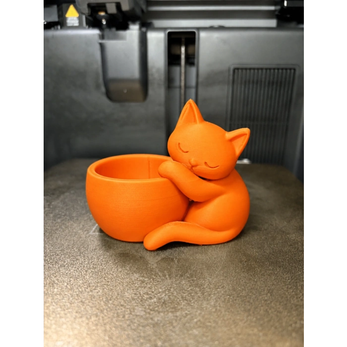 3D Baskı Sarılan Kedi Saksı - Sevimli Dekoratif Saksı - Turuncu