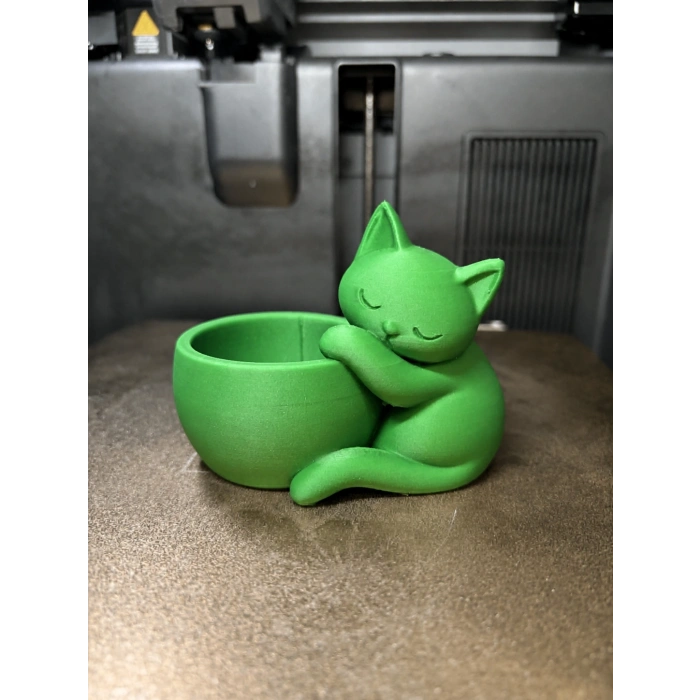 3D Baskı Sarılan Kedi Saksı - Sevimli Dekoratif Saksı - Yeşil
