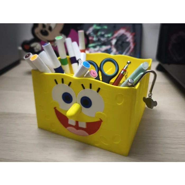 3D Baskı Sevimli Kare Deniz Süngeri Figürlü Kalemlik - Masaüstü Organizer