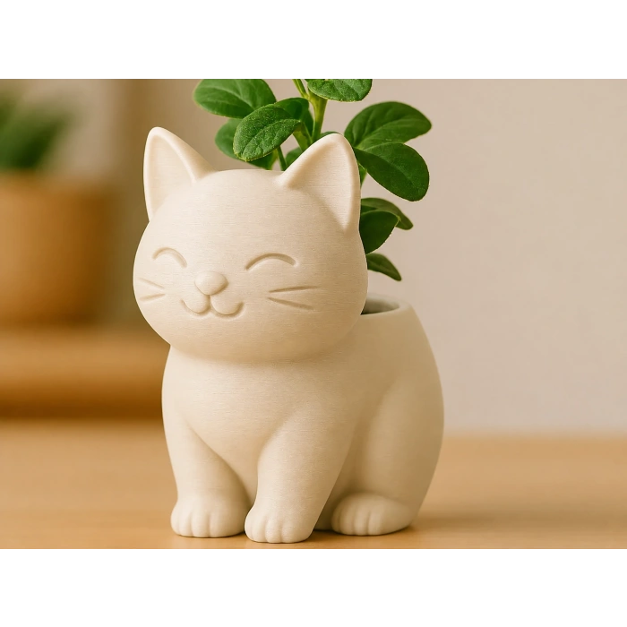 3D Baskı Sevimli Kedi Saksı - Figürlü Sukulent Saksısı-Bej