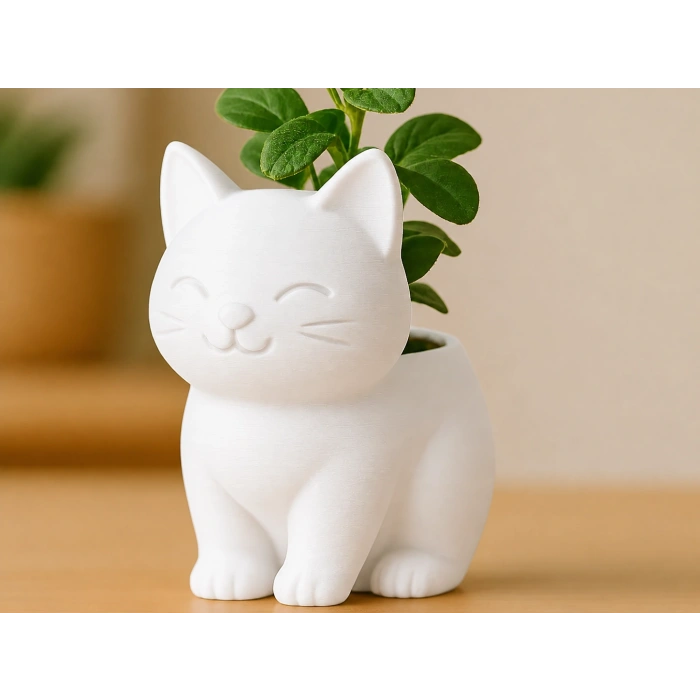 3D Baskı Sevimli Kedi Saksı - Figürlü Sukulent Saksısı-Beyaz