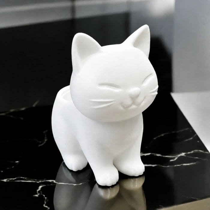 3D Baskı Sevimli Kedi Saksı - Figürlü Sukulent Saksısı-Beyaz