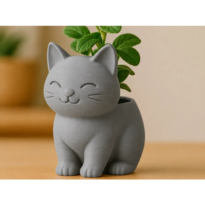 3D Baskı Sevimli Kedi Saksı - Figürlü Sukulent Saksısı-Gri