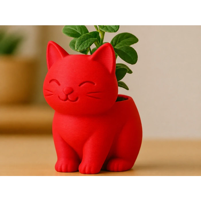 3D Baskı Sevimli Kedi Saksı - Figürlü Sukulent Saksısı-Kırmızı