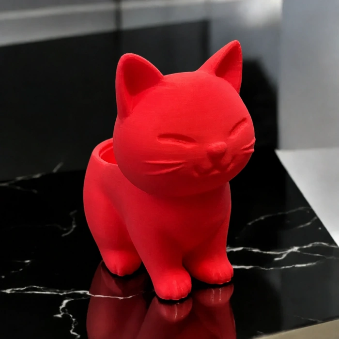 3D Baskı Sevimli Kedi Saksı - Figürlü Sukulent Saksısı-Kırmızı