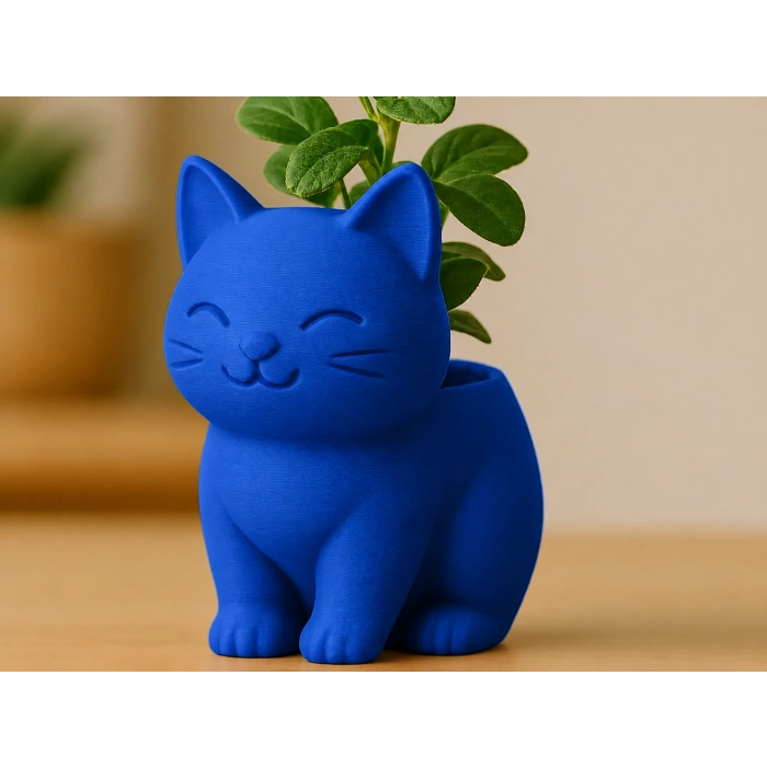 3D Baskı Sevimli Kedi Saksı - Figürlü Sukulent Saksısı-Mavi