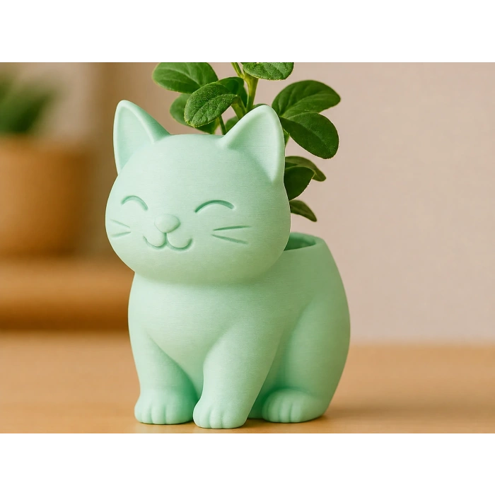 3D Baskı Sevimli Kedi Saksı - Figürlü Sukulent Saksısı-Mint