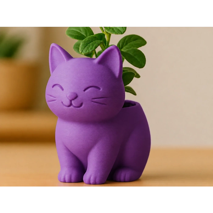 3D Baskı Sevimli Kedi Saksı - Figürlü Sukulent Saksısı-Mor