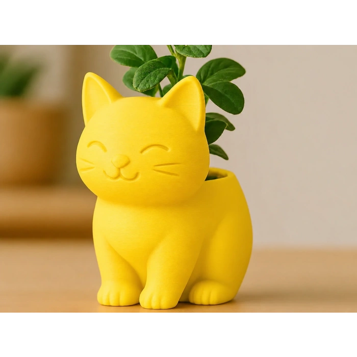 3D Baskı Sevimli Kedi Saksı - Figürlü Sukulent Saksısı-Sarı